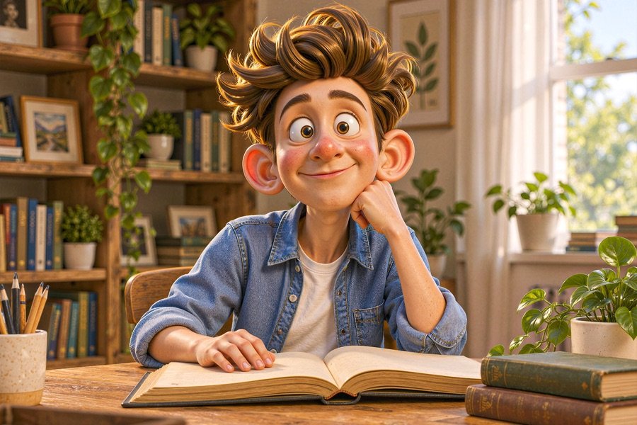 Guto, personagem 3D, sorrindo numa escrivaninha com um livro aberto